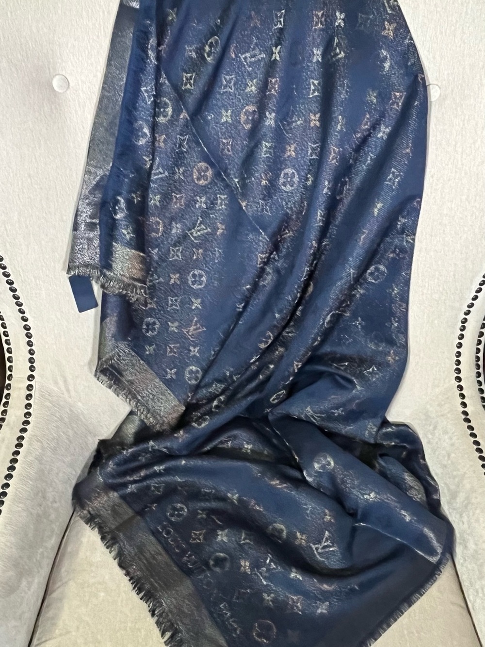 Louis Vuitton Navy Monogram Silk Blend Shawl with Metallic Detail